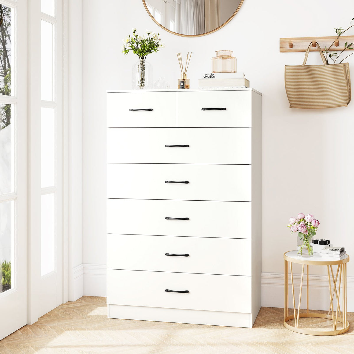 7-Drawer Tall Dresser with Metal Handles and Anti-Tipping Kits-White view 2