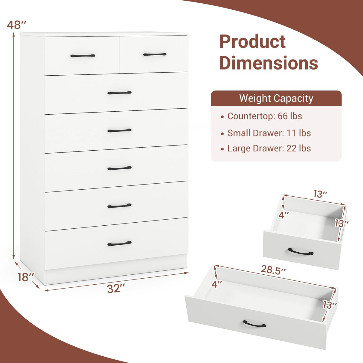 7-Drawer Tall Dresser with Metal Handles and Anti-Tipping Kits-White view 5