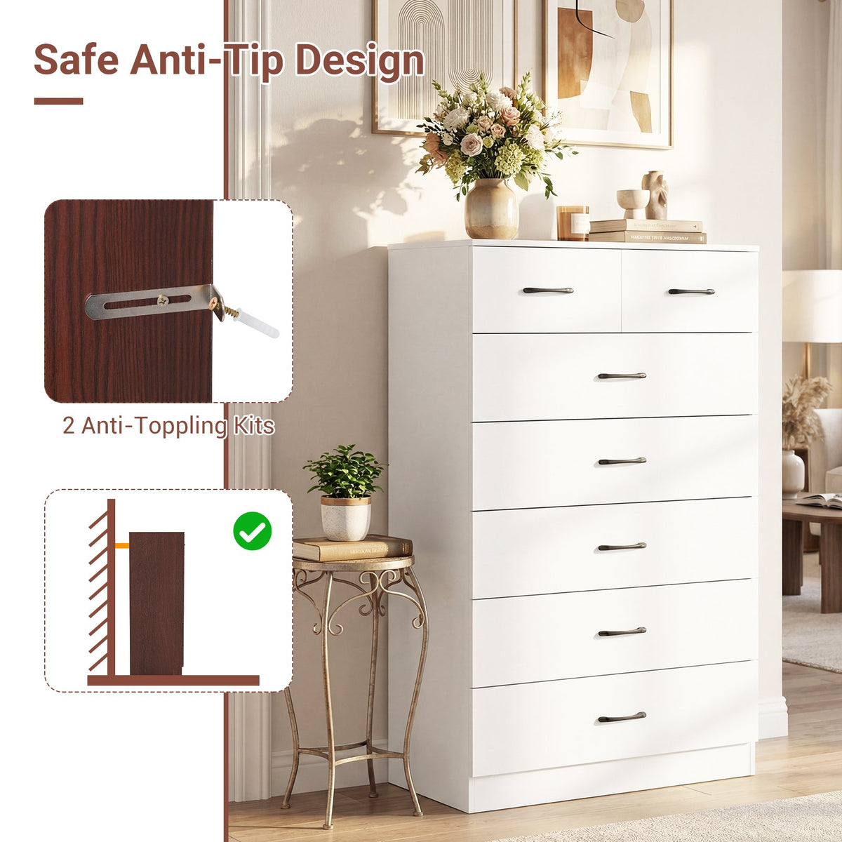 7-Drawer Tall Dresser with Metal Handles and Anti-Tipping Kits-White view 7