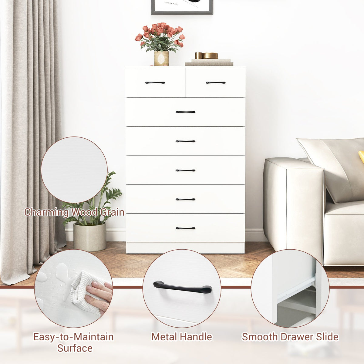 7-Drawer Tall Dresser with Metal Handles and Anti-Tipping Kits-White view 9