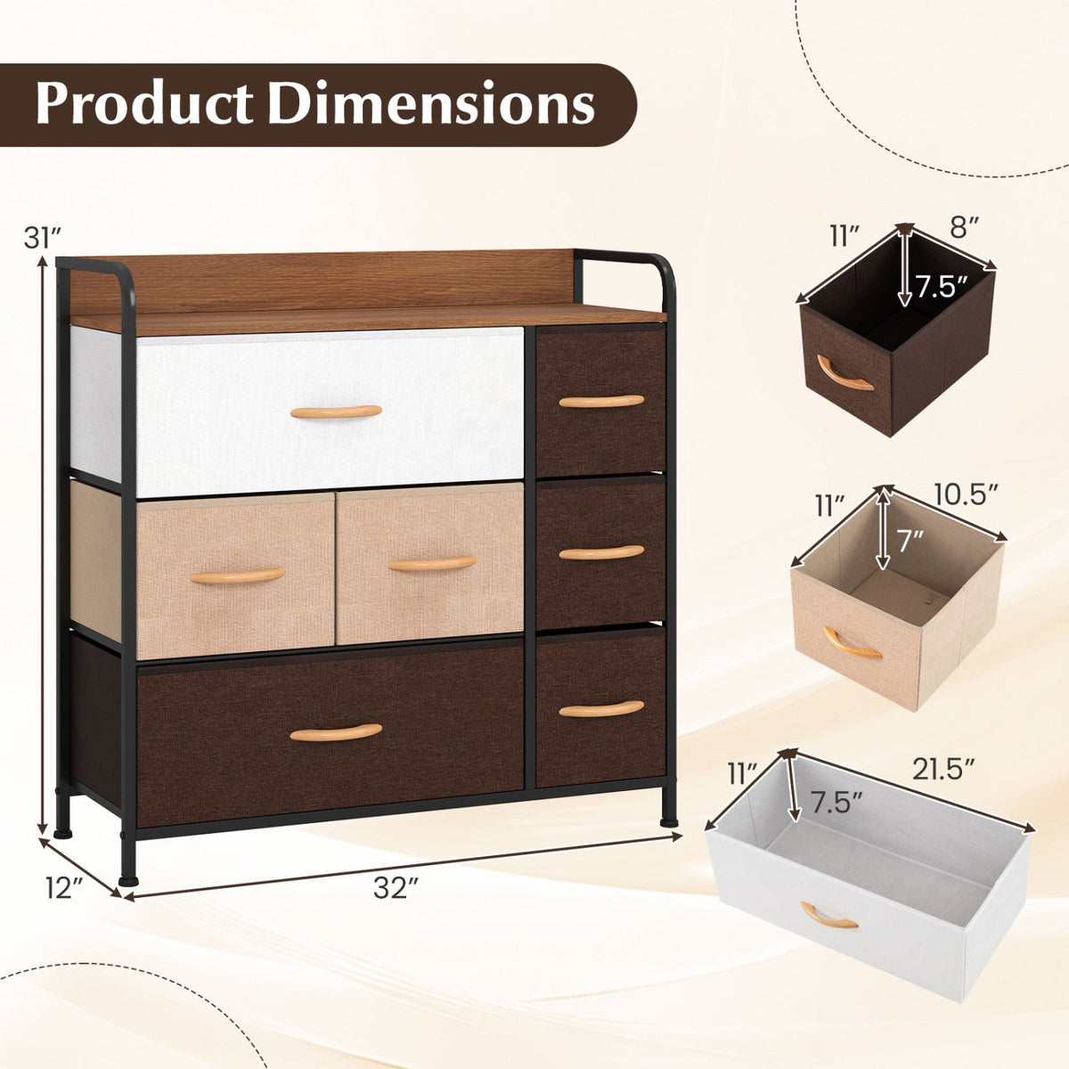 7 Drawer Tower Steel Frame and Wooden Top Dresser Storage Chest for Bedroom view 5