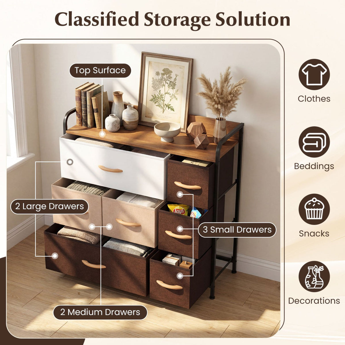 7 Drawer Tower Steel Frame and Wooden Top Dresser Storage Chest for Bedroom view 6