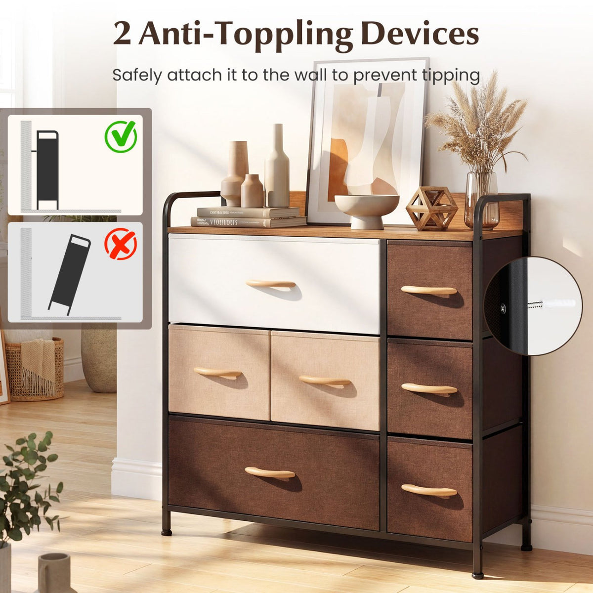 7 Drawer Tower Steel Frame and Wooden Top Dresser Storage Chest for Bedroom view 8