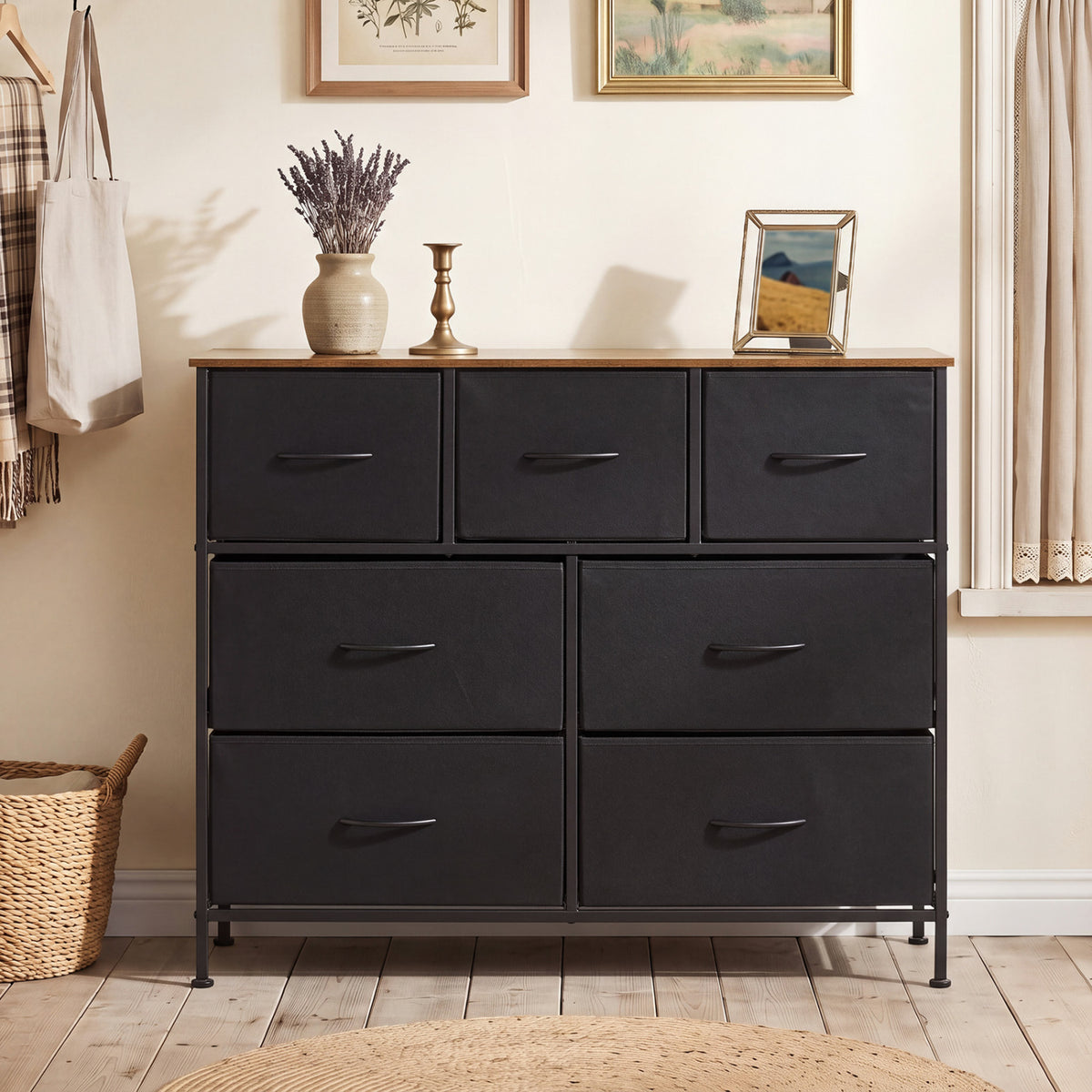 7-Drawer Wide Dresser with 2-Sized Folding Fabric Drawers for Bedroom-Black view 2
