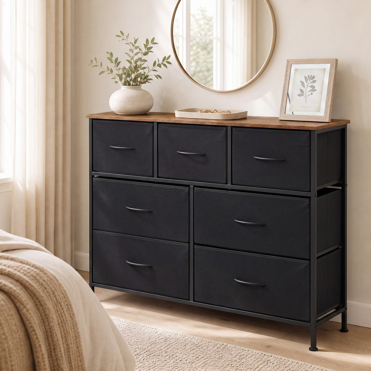 7-Drawer Wide Dresser with 2-Sized Folding Fabric Drawers for Bedroom-Black view 3