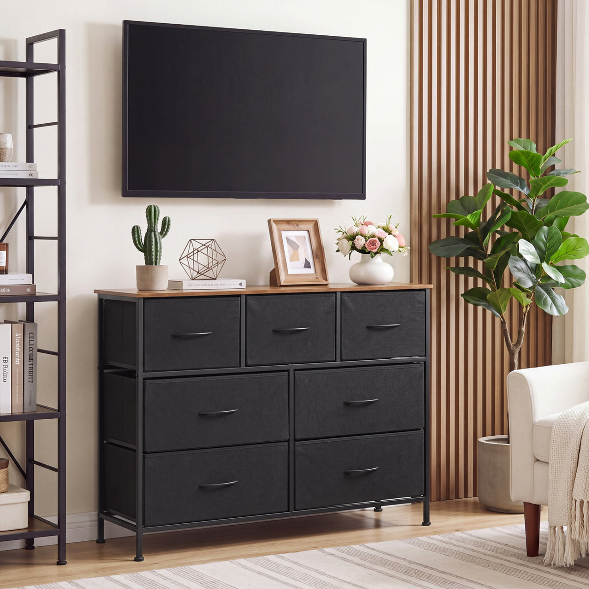7-Drawer Wide Dresser with 2-Sized Folding Fabric Drawers for Bedroom-Black view 6