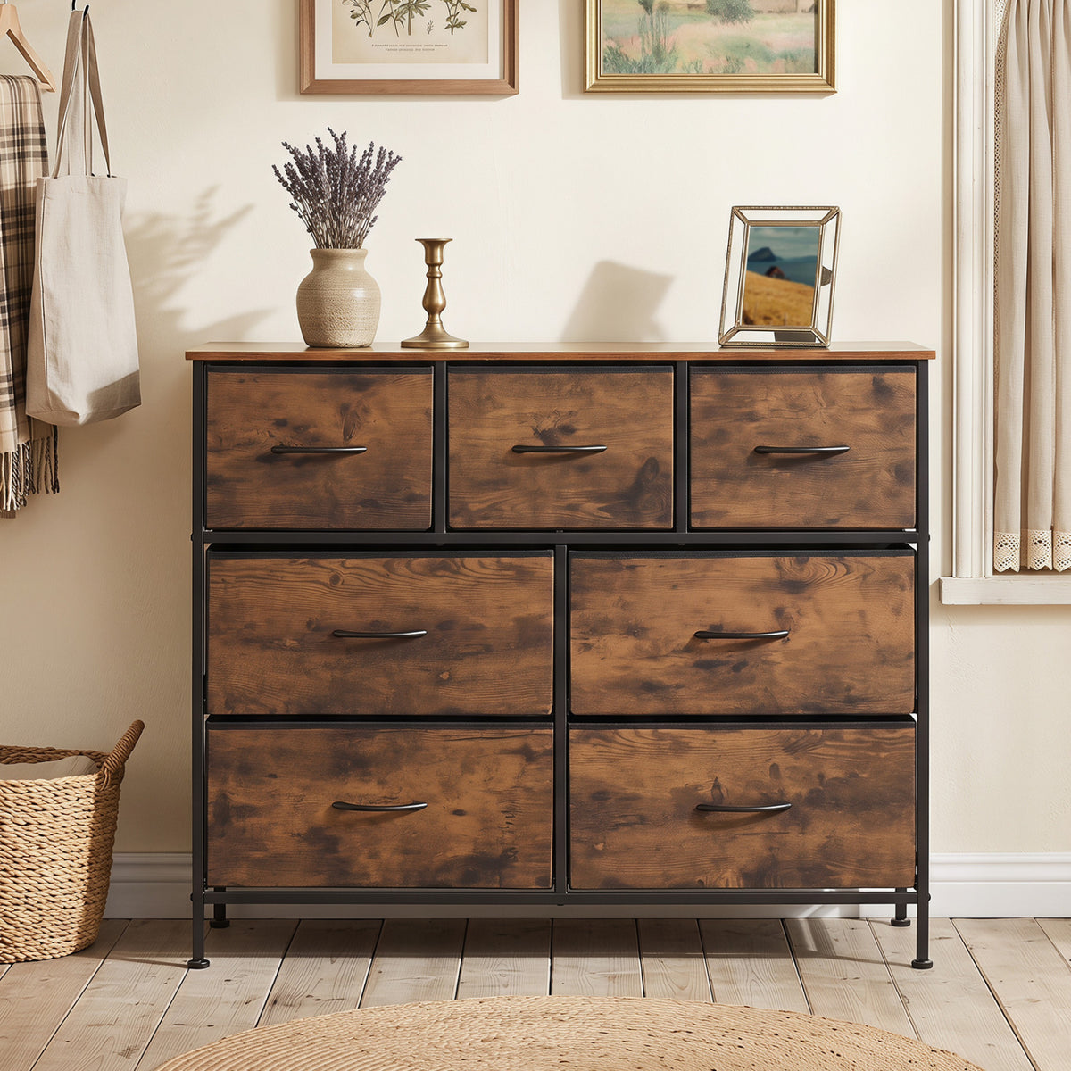 7-Drawer Wide Dresser with 2-Sized Folding Fabric Drawers for Bedroom-Rustic Brown view 2