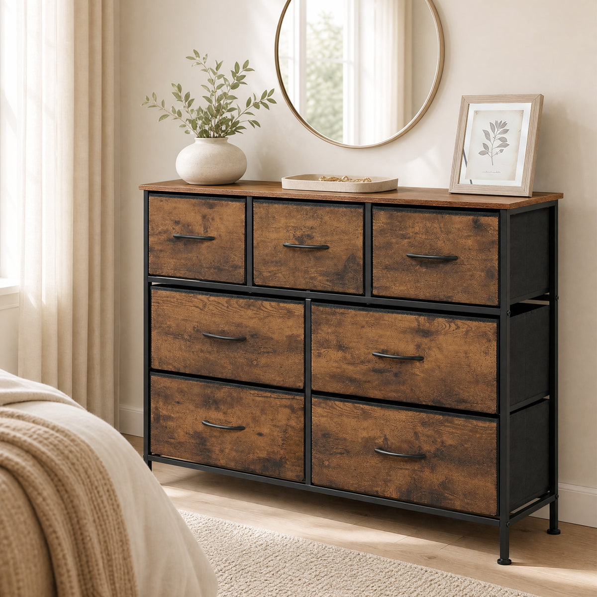 7-Drawer Wide Dresser with 2-Sized Folding Fabric Drawers for Bedroom-Rustic Brown view 3