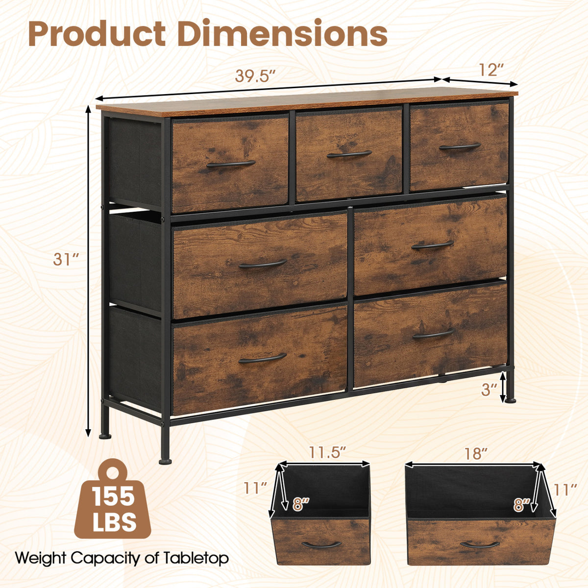 7-Drawer Wide Dresser with 2-Sized Folding Fabric Drawers for Bedroom-Rustic Brown view 5
