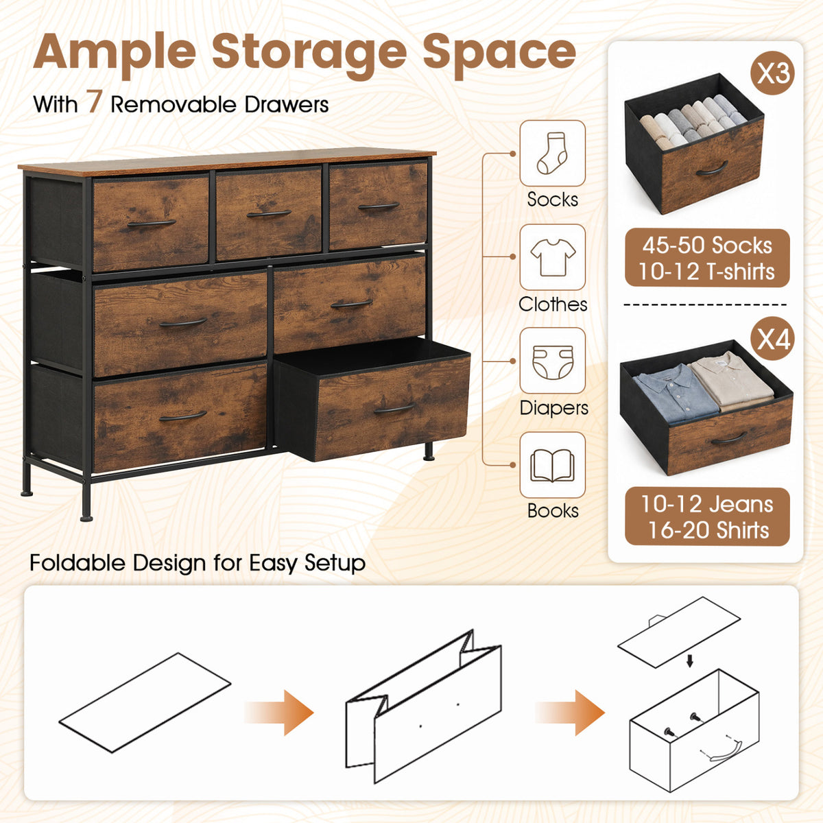 7-Drawer Wide Dresser with 2-Sized Folding Fabric Drawers for Bedroom-Rustic Brown view 7