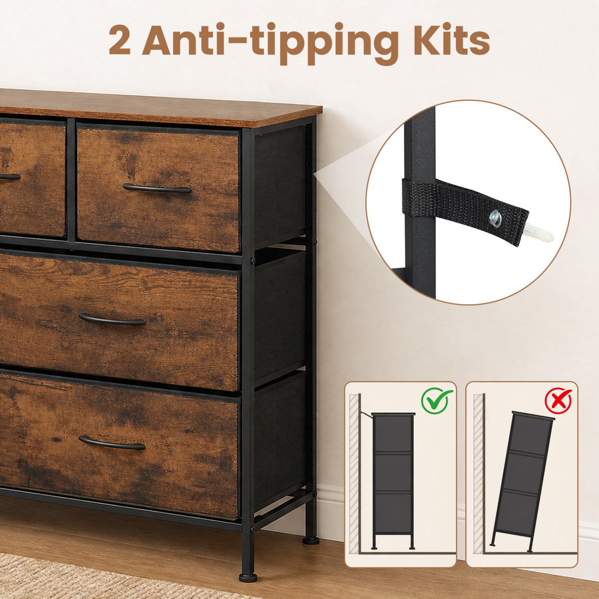 7-Drawer Wide Dresser with 2-Sized Folding Fabric Drawers for Bedroom-Rustic Brown view 9