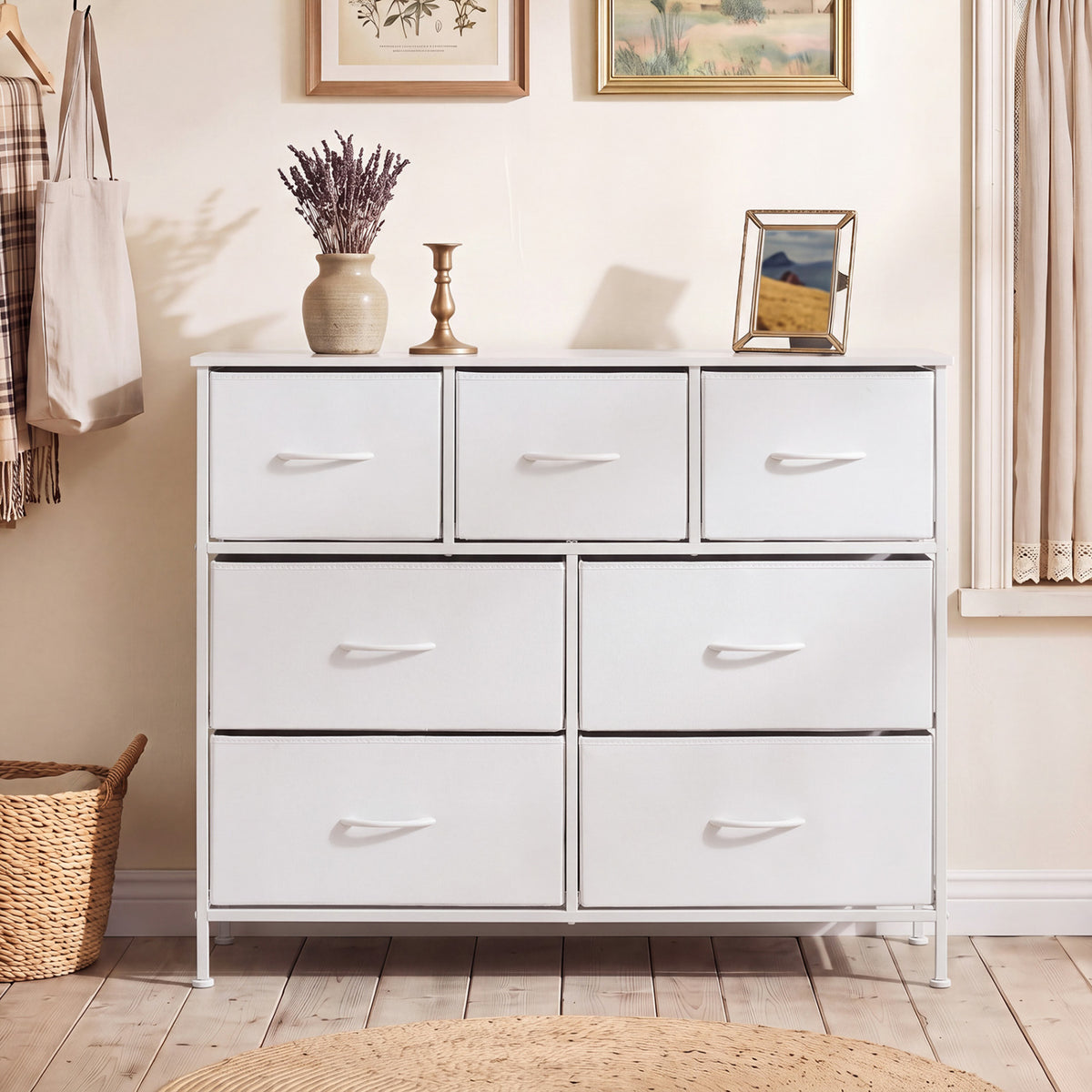 7-Drawer Wide Dresser with 2-Sized Folding Fabric Drawers for Bedroom-White view 2