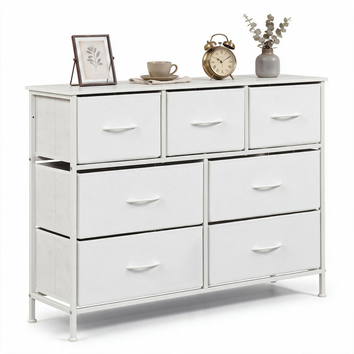 7-Drawer Wide Dresser with 2-Sized Folding Fabric Drawers for Bedroom-White view 4