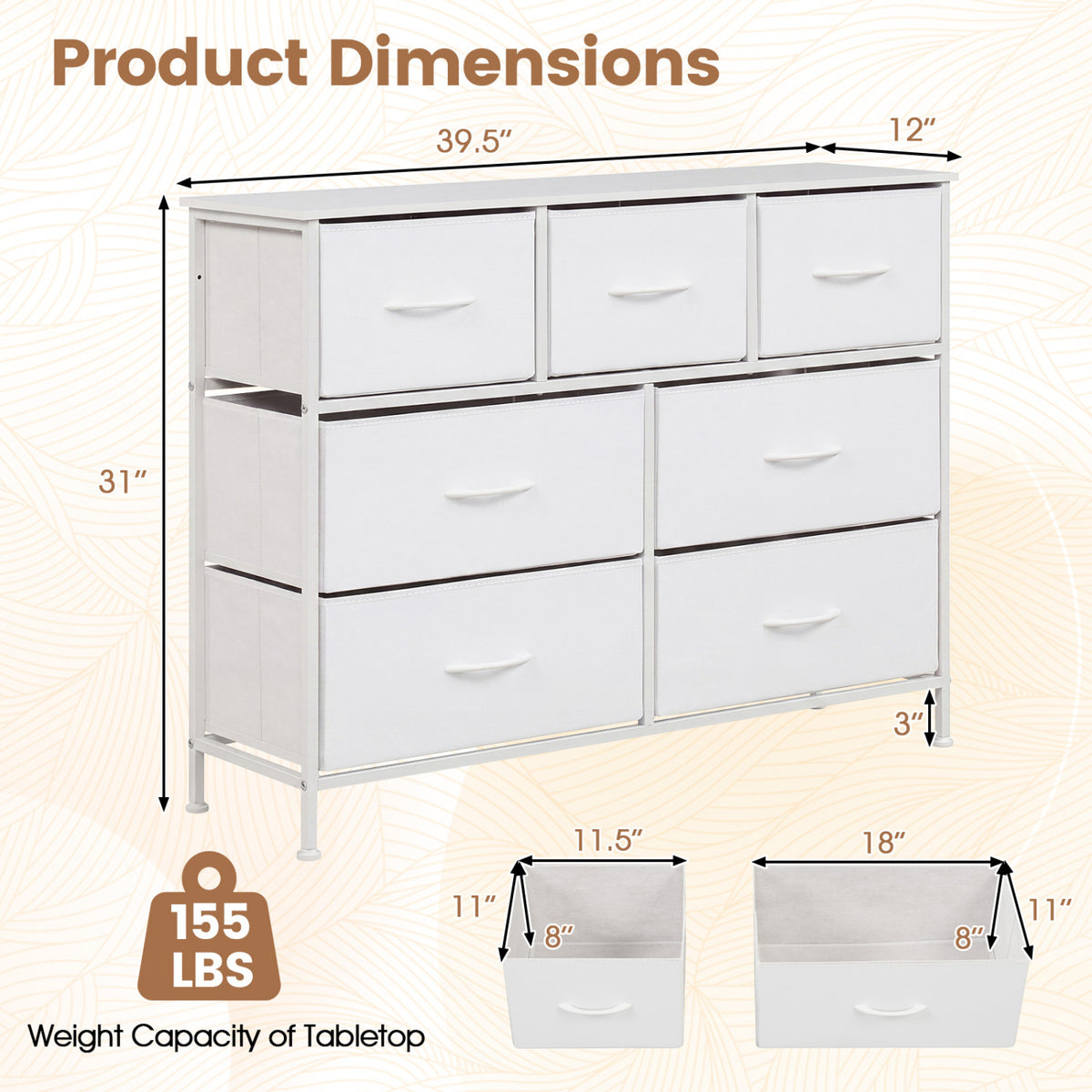 7-Drawer Wide Dresser with 2-Sized Folding Fabric Drawers for Bedroom-White view 5