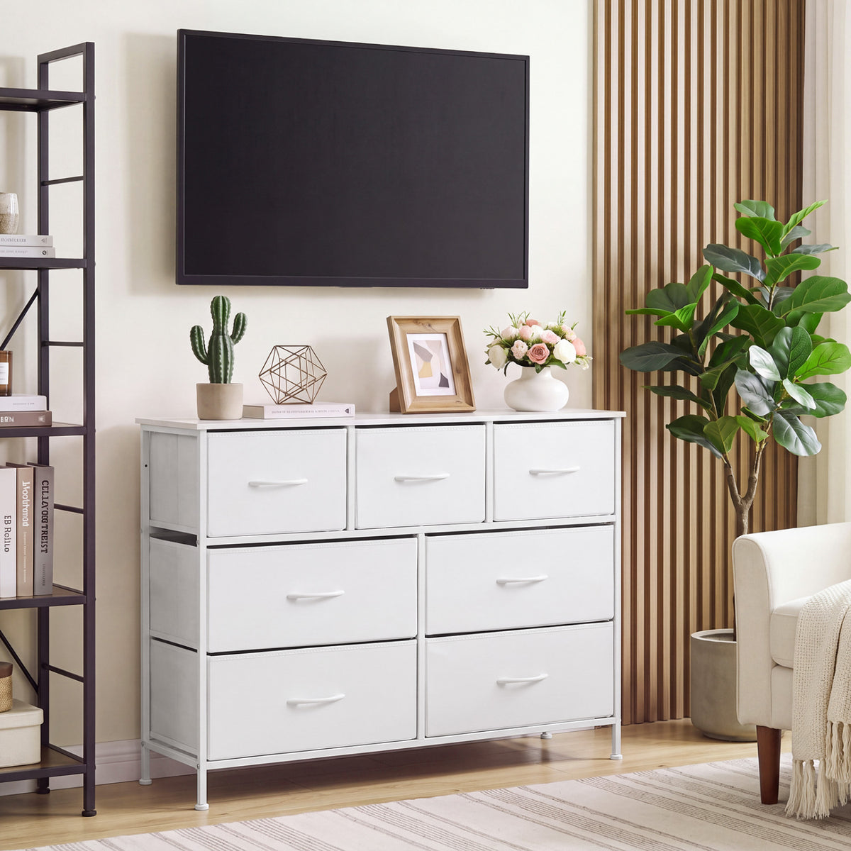 7-Drawer Wide Dresser with 2-Sized Folding Fabric Drawers for Bedroom-White view 6