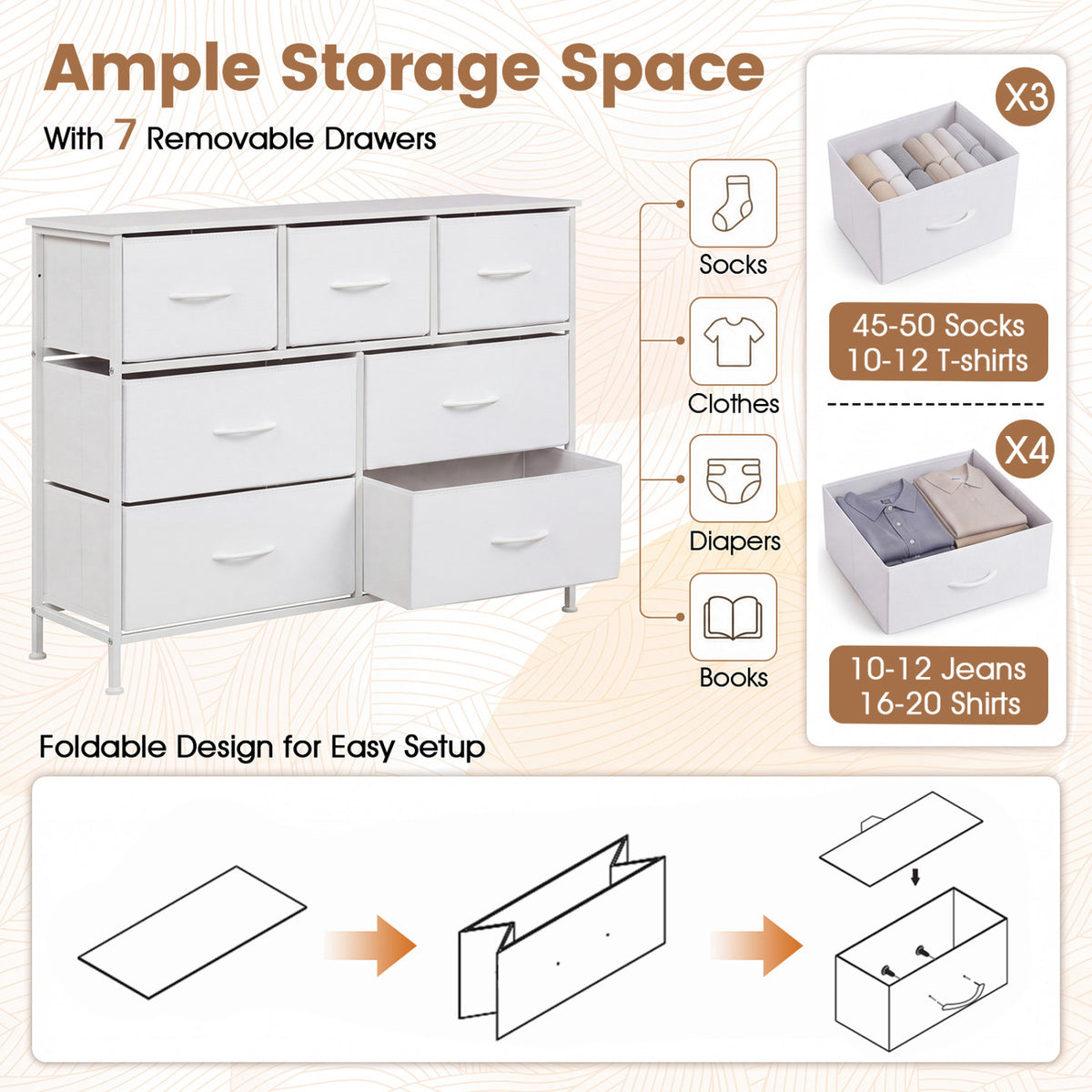7-Drawer Wide Dresser with 2-Sized Folding Fabric Drawers for Bedroom-White view 7