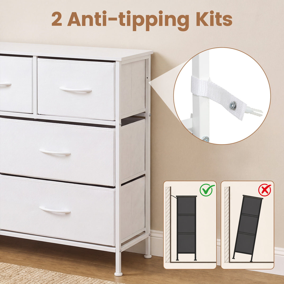 7-Drawer Wide Dresser with 2-Sized Folding Fabric Drawers for Bedroom-White view 9