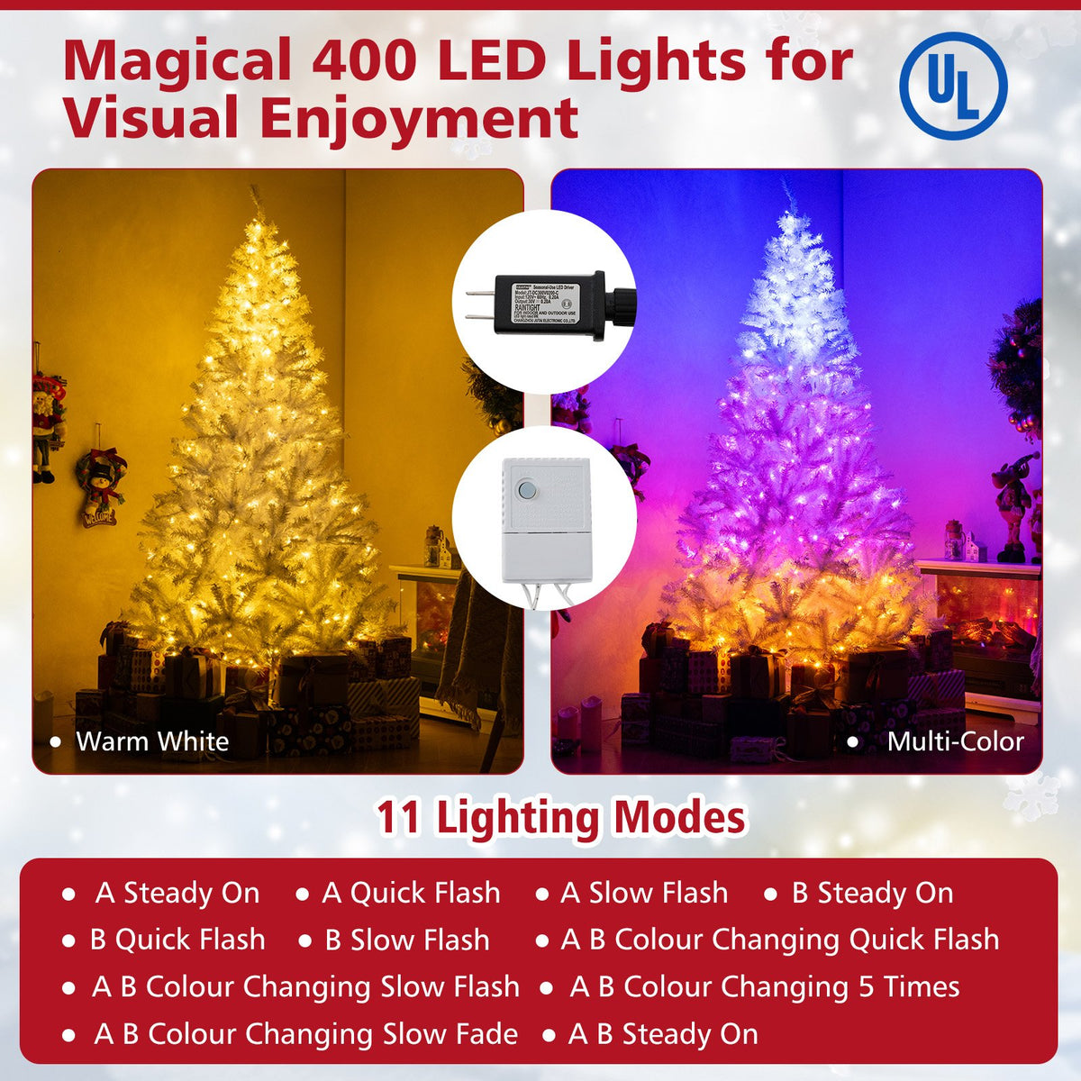 7 Feet Artificial Christmas Tree Hinged Pre-Lit Xmas Tree with 11 Lighting Modes view 8