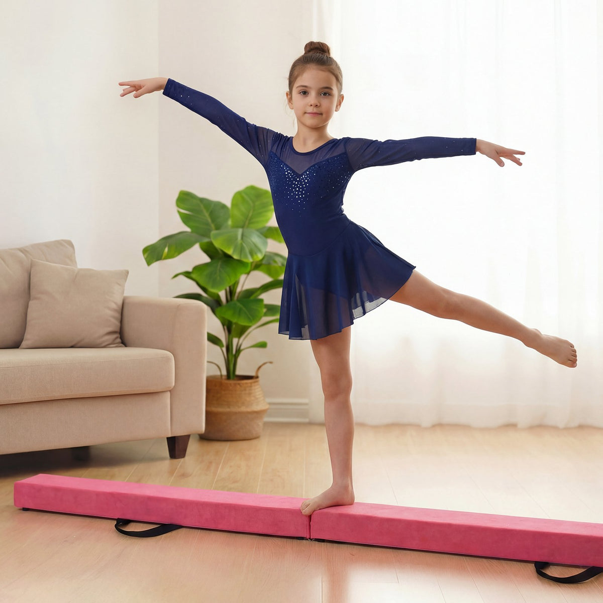 7 Feet Folding Portable Floor Balance Beam with Handles for Gymnasts-Rose view 2