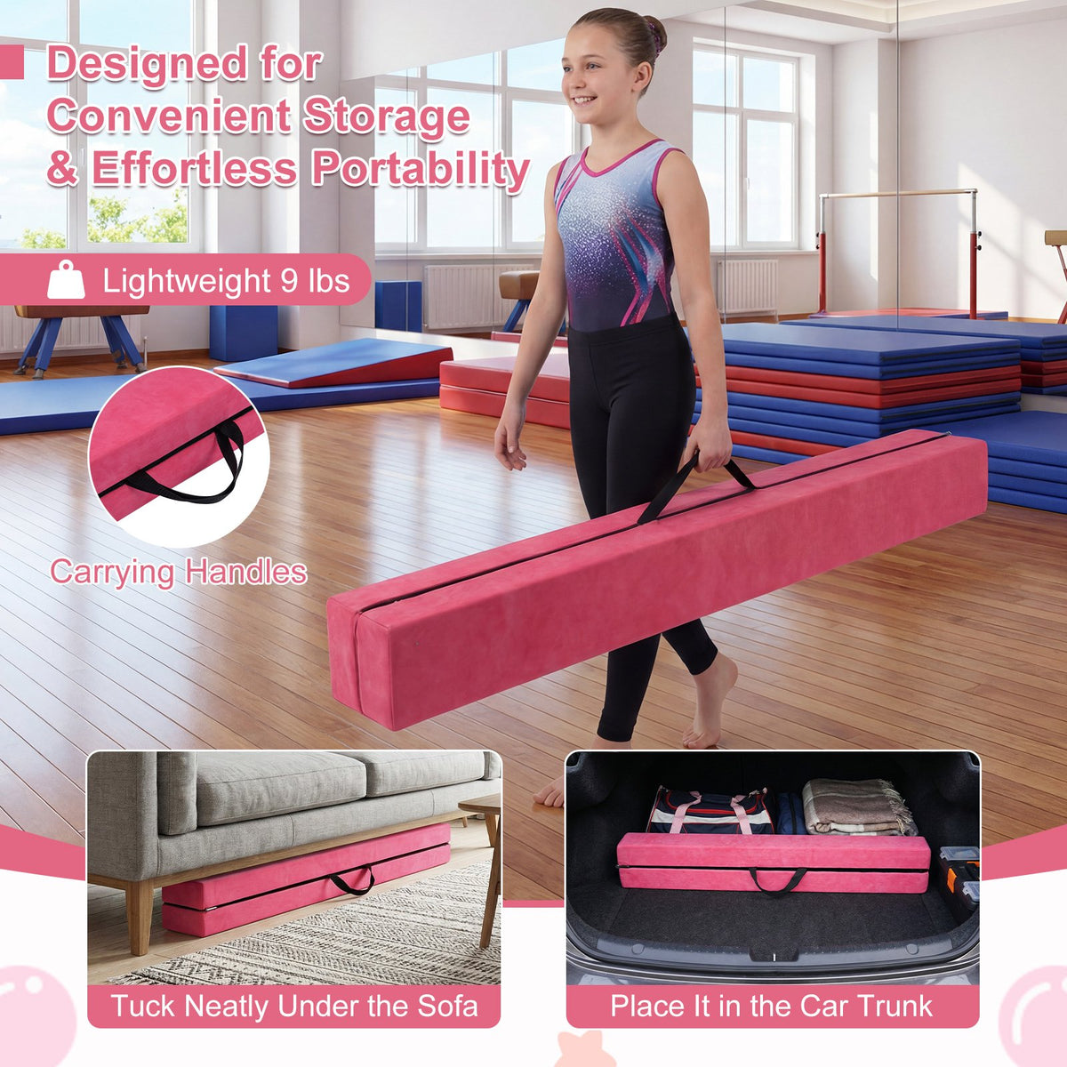 7 Feet Folding Portable Floor Balance Beam with Handles for Gymnasts-Rose view 6