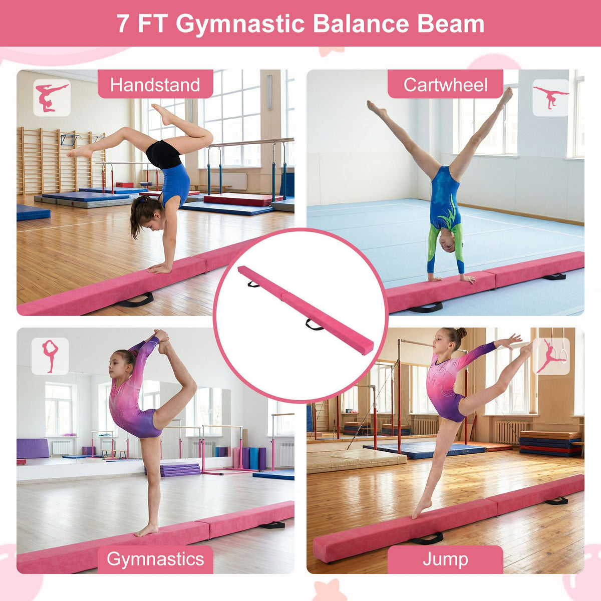 7 Feet Folding Portable Floor Balance Beam with Handles for Gymnasts-Rose view 8