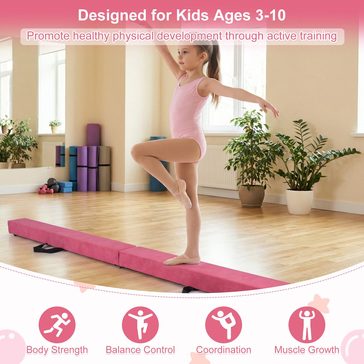 7 Feet Folding Portable Floor Balance Beam with Handles for Gymnasts-Rose view 9