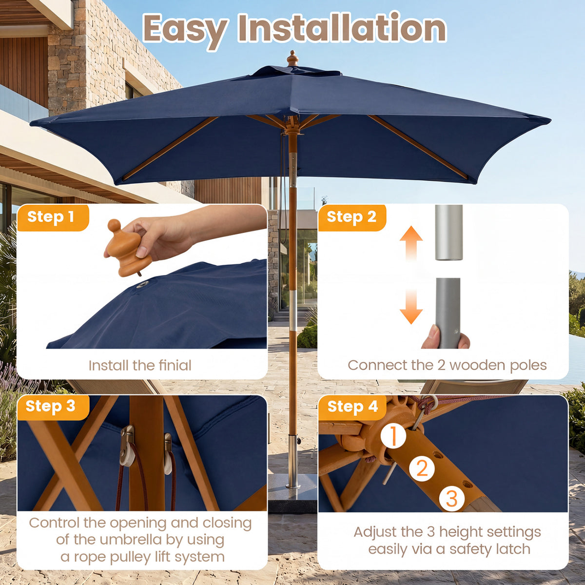 7 Feet Outdoor Rectangular Patio Umbrella with 3 Adjustable Heights-Navy view 9