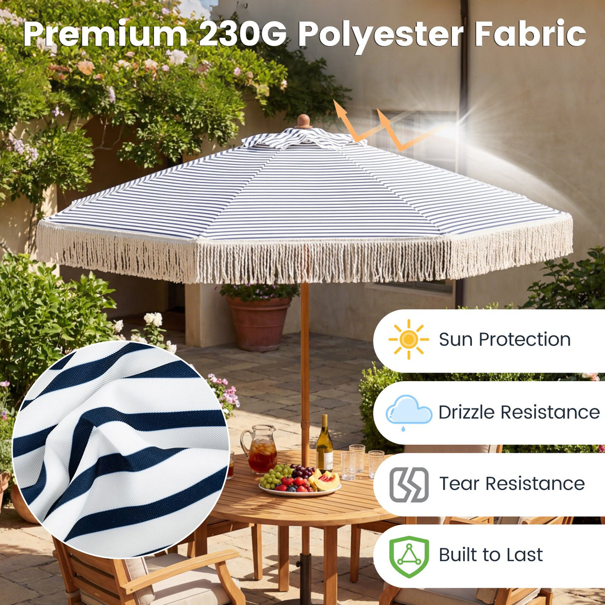 7 Feet Patio Umbrella with Fringe Sun-Protective Beach Umbrella with Boho Tassel-Blue view 7