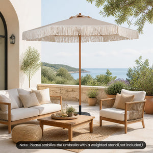 7 Feet Patio Umbrella with Fringe Sun-Protective Beach Umbrella with Boho Tassel-Beige view 2