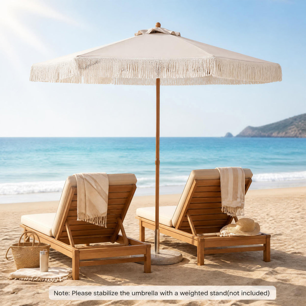 7 Feet Patio Umbrella with Fringe Sun-Protective Beach Umbrella with Boho Tassel-Beige view 3