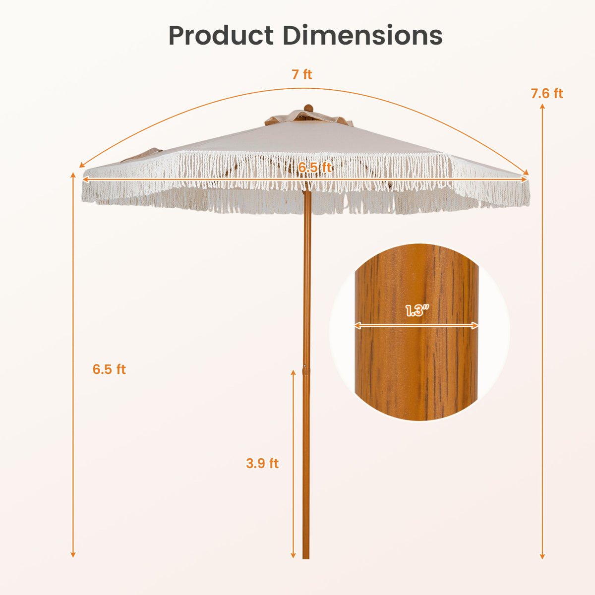 7 Feet Patio Umbrella with Fringe Sun-Protective Beach Umbrella with Boho Tassel-Beige view 4