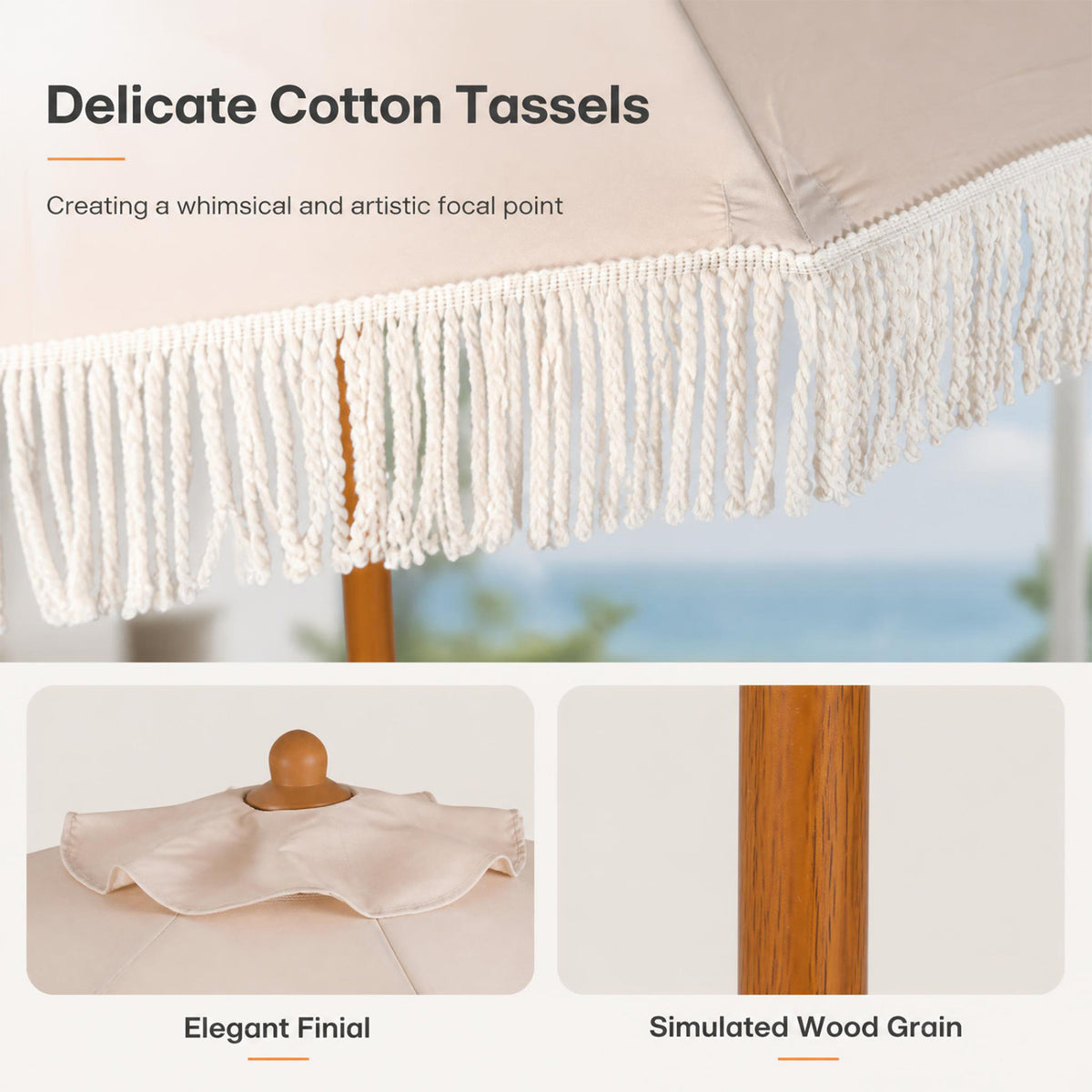 7 Feet Patio Umbrella with Fringe Sun-Protective Beach Umbrella with Boho Tassel-Beige view 8