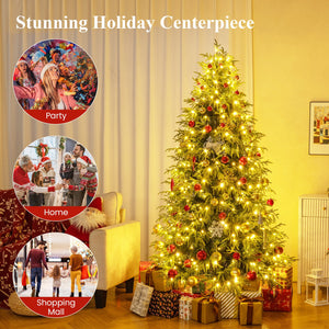 7 Feet Pre-Lit Artificial Christmas Tree Hinged Faux Xmas Tree with Soft Branch Tips view 6