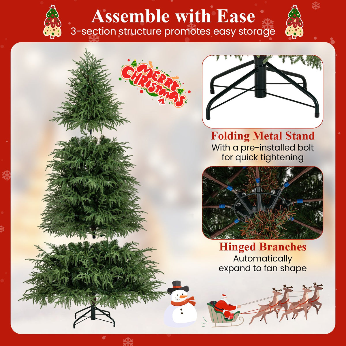 7 Feet Pre-Lit Artificial Christmas Tree Hinged Faux Xmas Tree with Soft Branch Tips view 8