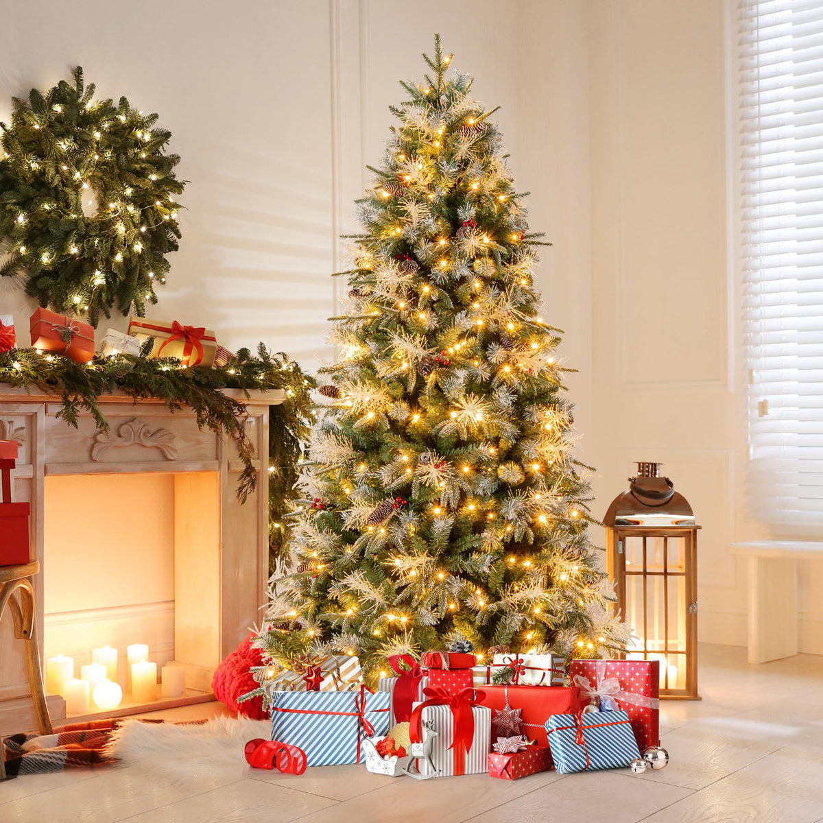 7 Feet Pre-Lit Artificial Christmas Tree with 8 Modes LED Lights with Berries view 3
