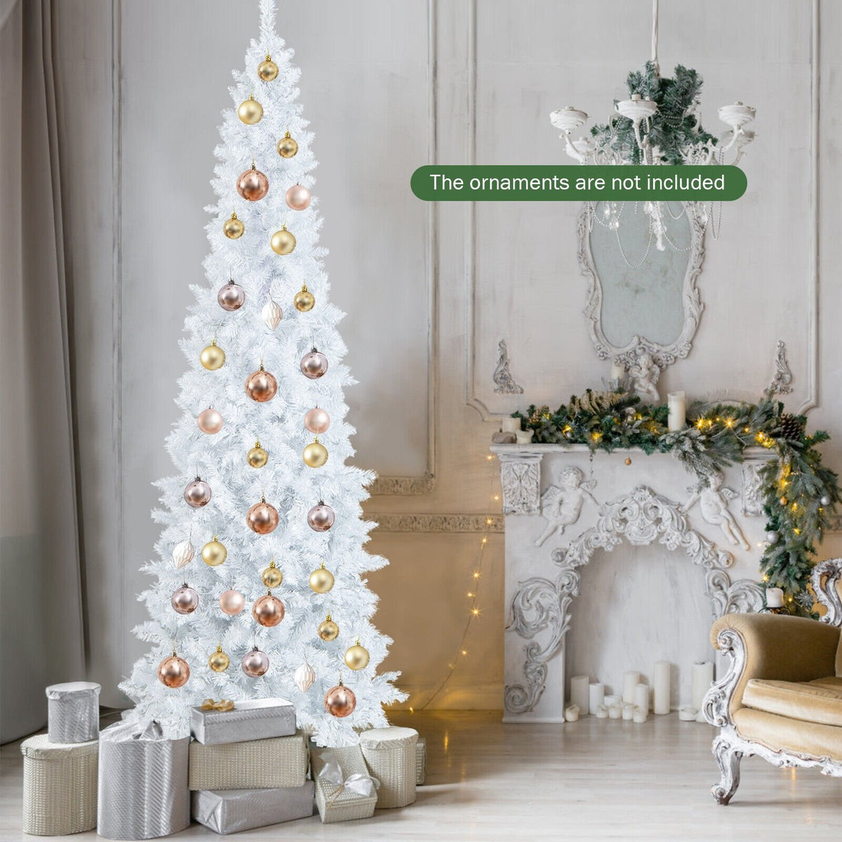 7 Feet Pre-Lit Hinged Pencil Christmas Tree White with 300 LED Lights and 8 Flash Modes view 2