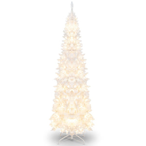 7 Feet Pre-Lit Hinged Pencil Christmas Tree White with 300 LED Lights and 8 Flash Modes view 4