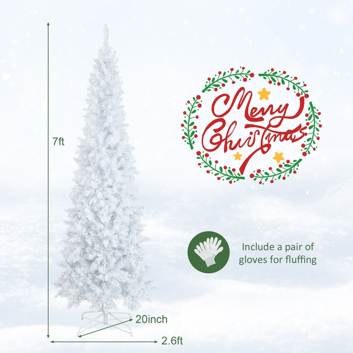 7 Feet Pre-Lit Hinged Pencil Christmas Tree White with 300 LED Lights and 8 Flash Modes view 5