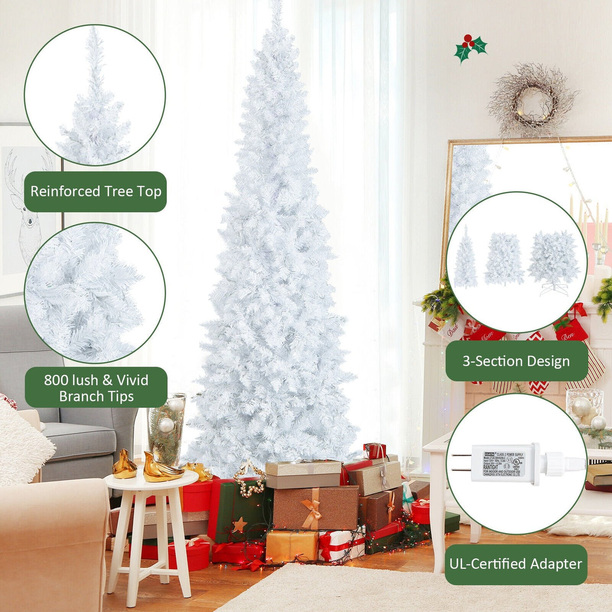 7 Feet Pre-Lit Hinged Pencil Christmas Tree White with 300 LED Lights and 8 Flash Modes view 7