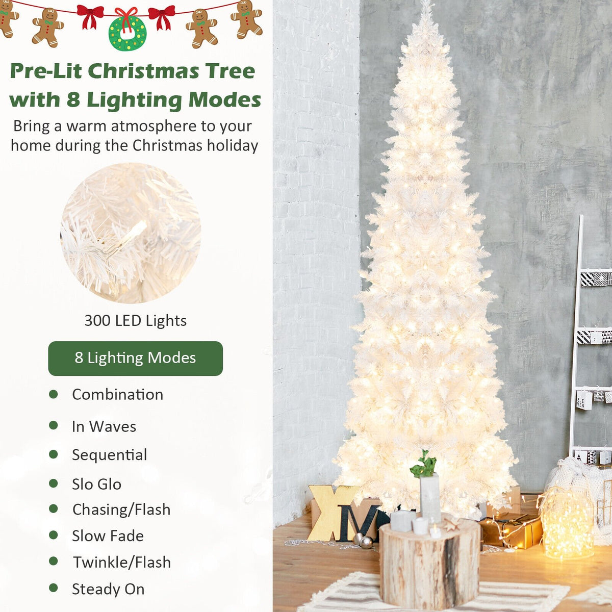 7 Feet Pre-Lit Hinged Pencil Christmas Tree White with 300 LED Lights and 8 Flash Modes view 8