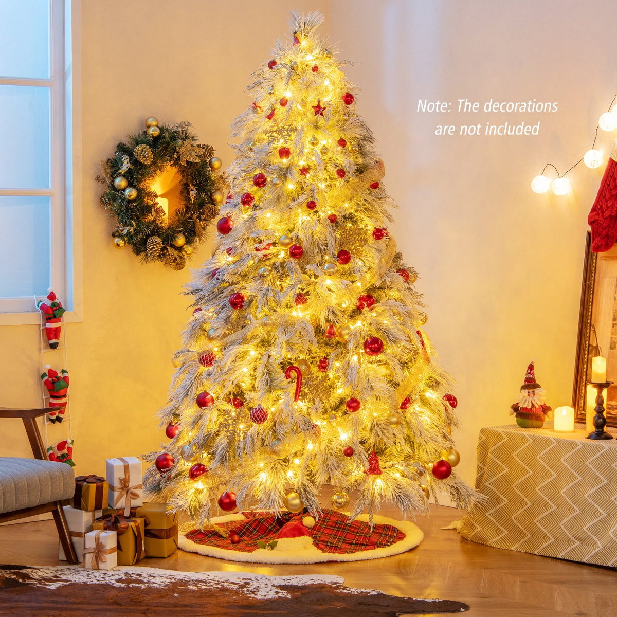 7 Feet Pre-Lit Snow Flocked Christmas Tree with Warm White LED Lights-7 ft view 2