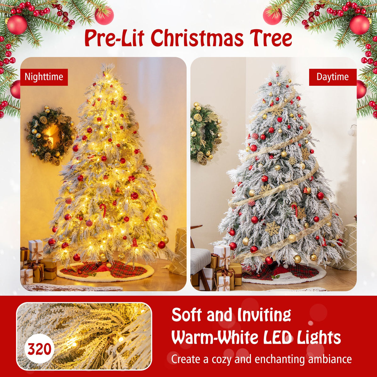 7 Feet Pre-Lit Snow Flocked Christmas Tree with Warm White LED Lights-7 ft view 7
