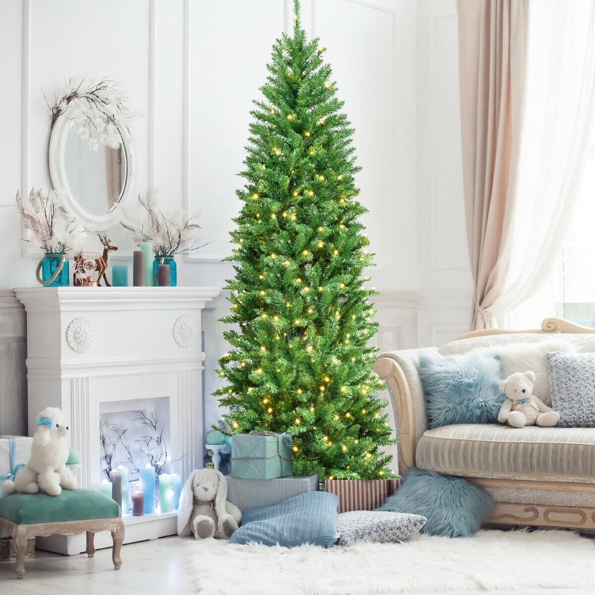 7 Feet PVC Hinged Pre-lit Artificial Fir Pencil Christmas Tree with 150 Lights-7 ft view 6