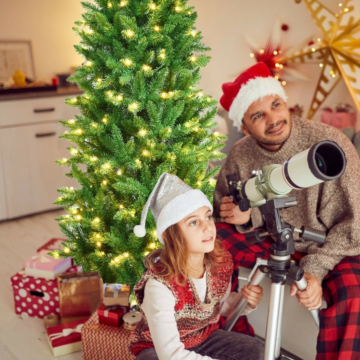 7 Feet PVC Hinged Pre-lit Artificial Fir Pencil Christmas Tree with 150 Lights-7 ft view 7