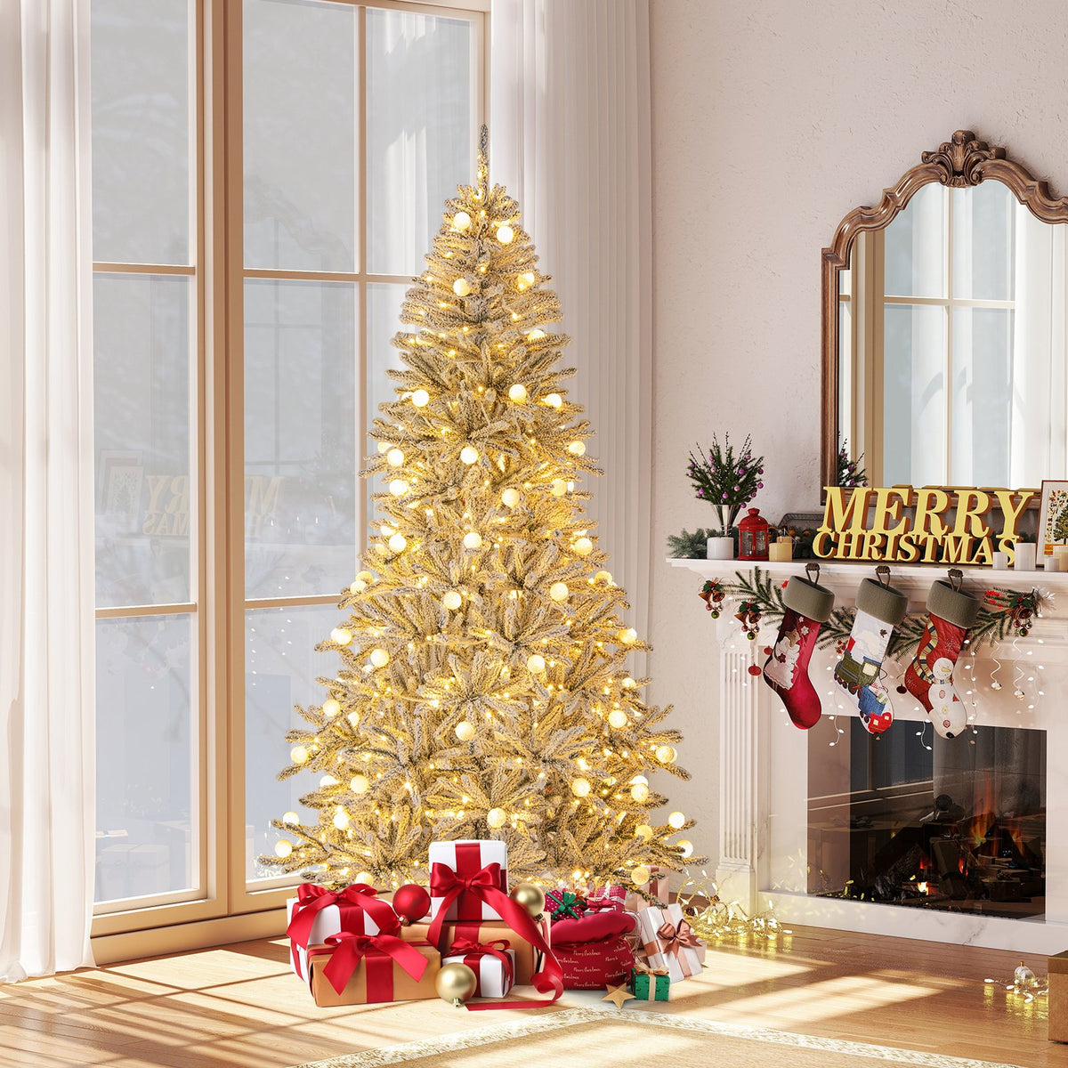 7 Feet Snow-flocked Artificial Christmas Tree Pre-lit Hinged with 81 Sphere Lights and Remote-7ft view 2