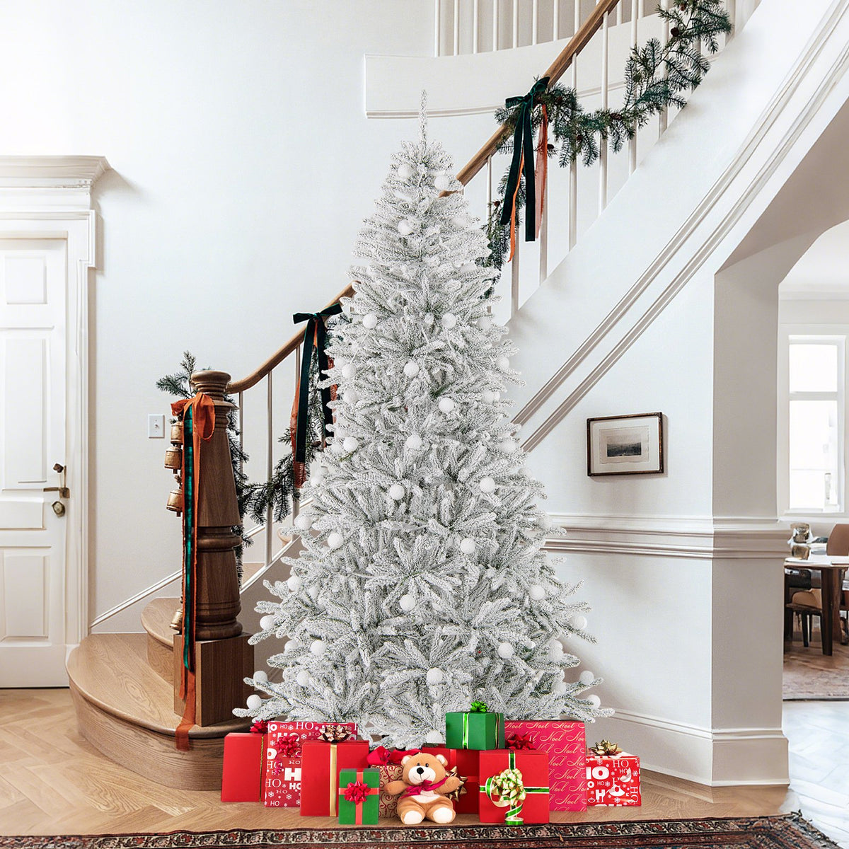 7 Feet Snow-flocked Artificial Christmas Tree Pre-lit Hinged with 81 Sphere Lights and Remote-7ft view 6