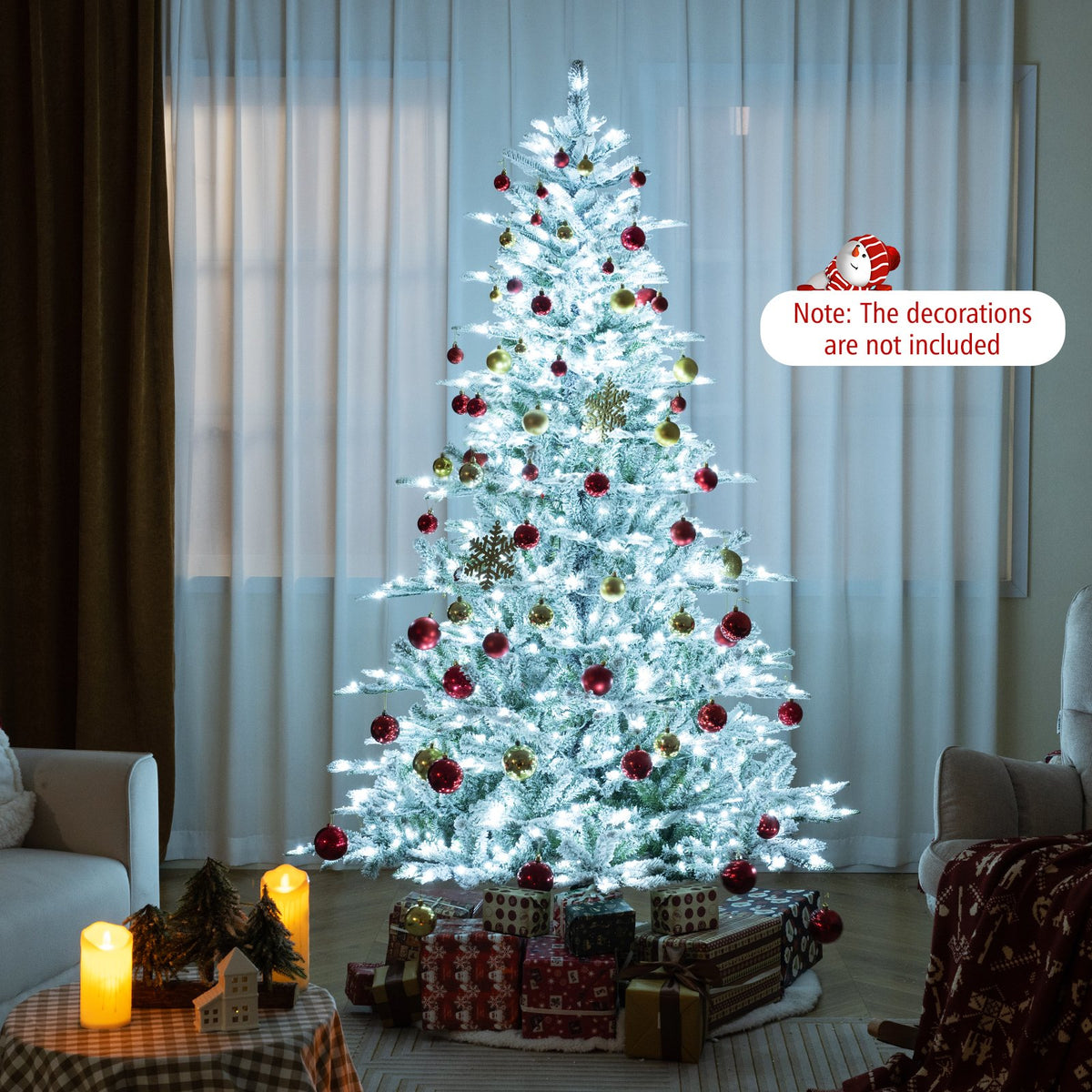 7 Feet Snow Flocked Artificial Christmas Tree with Cool White LED Lights view 3