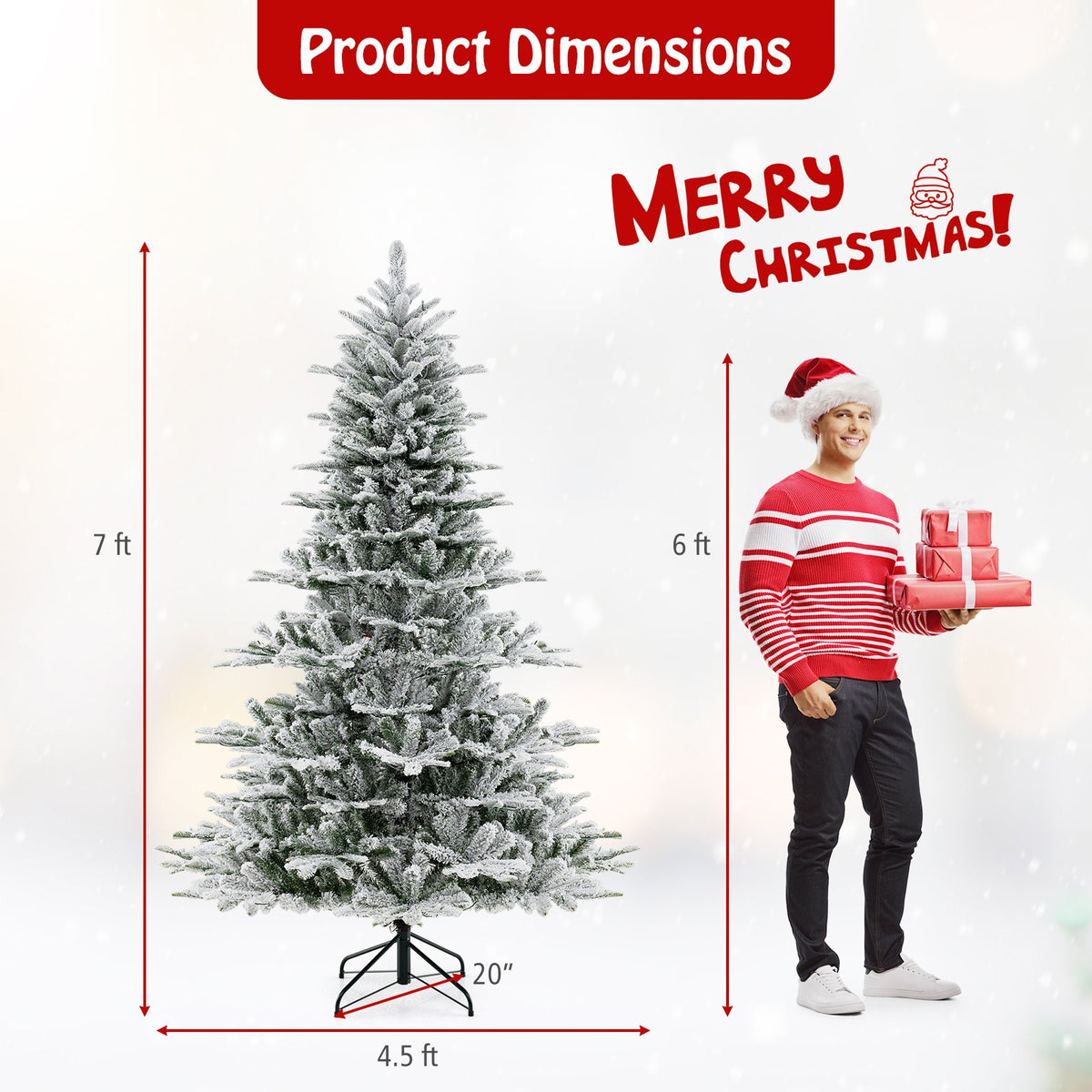 7 Feet Snow Flocked Artificial Christmas Tree with Cool White LED Lights view 4