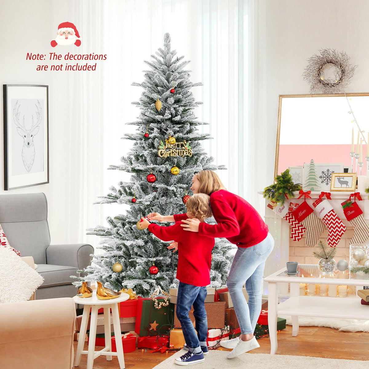 7 Feet Snow Flocked Artificial Christmas Tree with Cool White LED Lights view 5