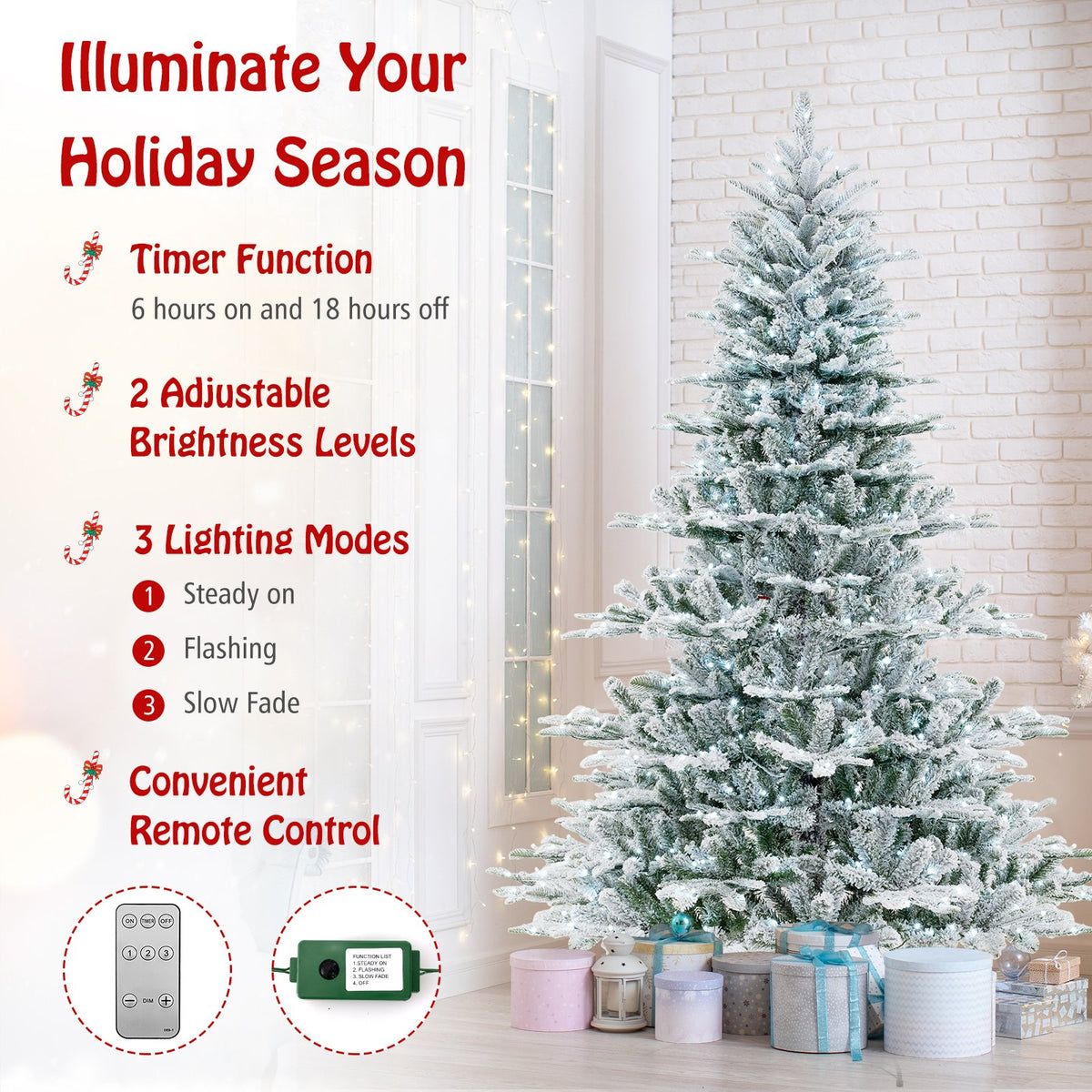 7 Feet Snow Flocked Artificial Christmas Tree with Cool White LED Lights view 7
